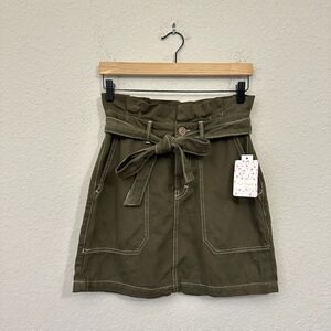 NWT FREE PEOPLE Splendor In The Grass Skirt Paperbag Waistline Army Green